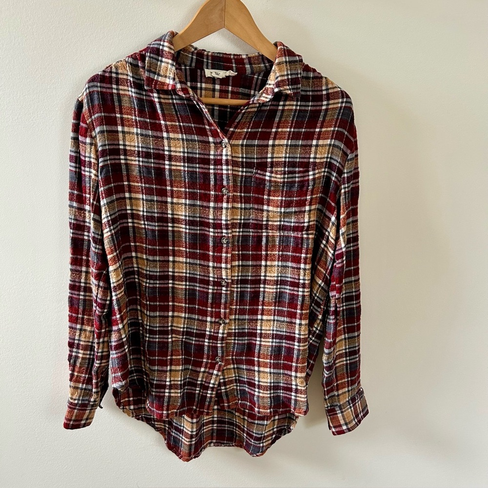 Soft Plaid Button-Up Shirt in Burgundy, Mustard & Navy - Size S - oversized